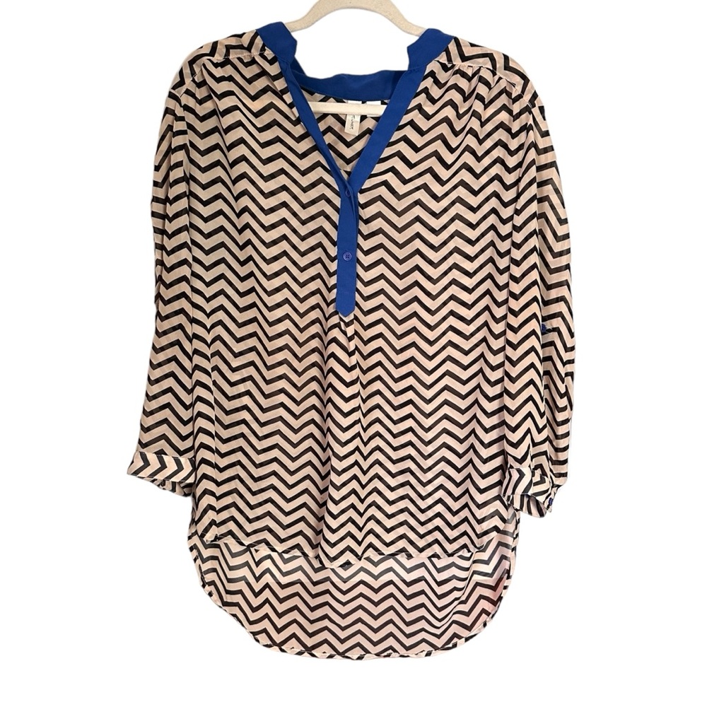Tacera Womens Sz 1X Brown Black Chevron Roll Tab Sleeve Sheer Blouse Top V Neck